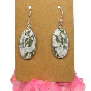 Peace Jade Earrings Solid 925 Sterling Silver Dangle Drop Pierced Green Oval